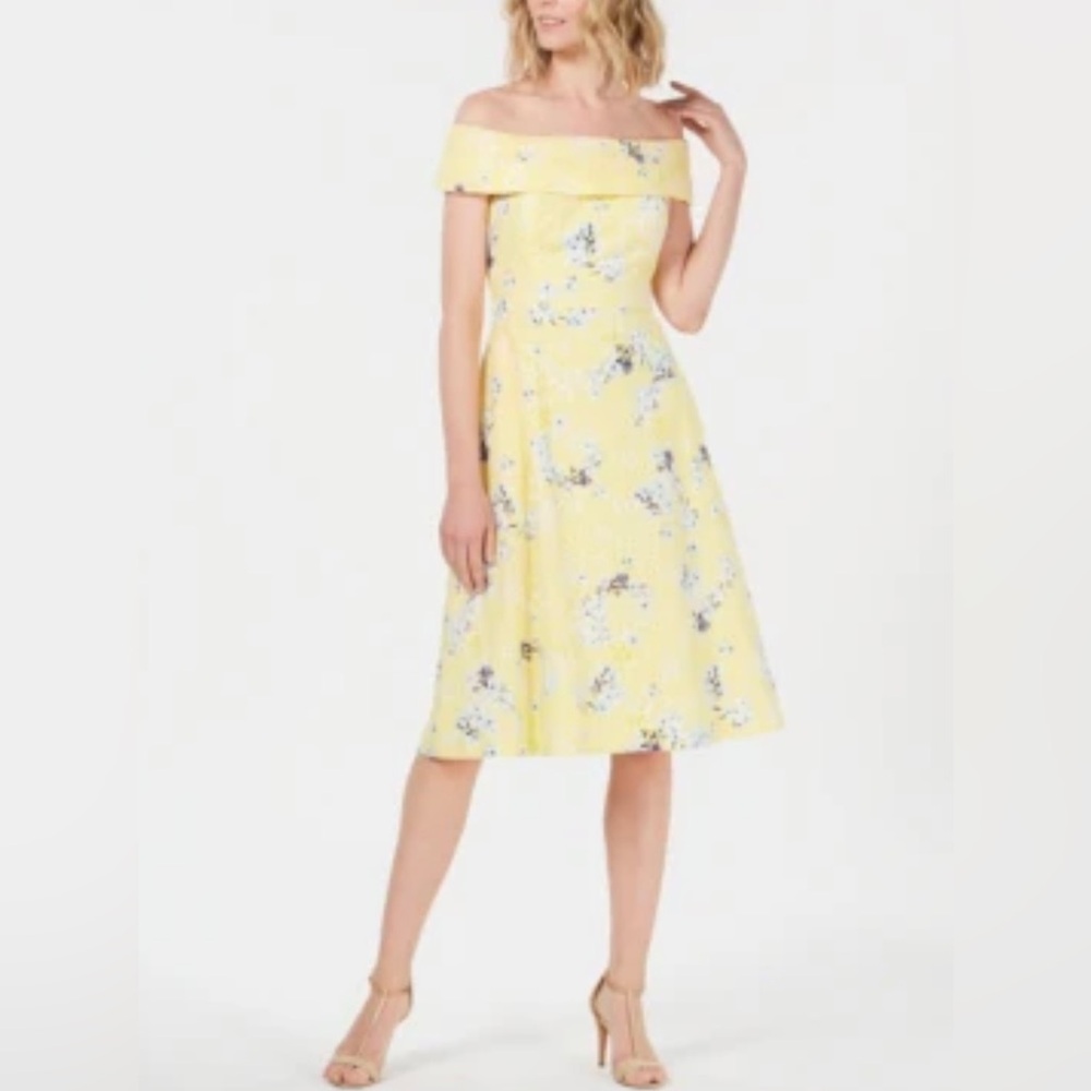 NWT Calvin Klein Yellow Off-The-Shoulder Printed Eyelet Dress Size 4P